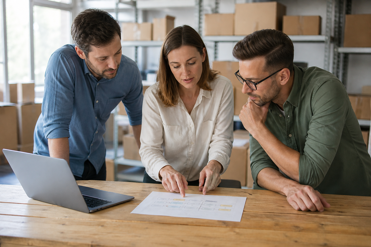 Equipo coordinando ventas, inventario y entregas en una mesa de trabajo